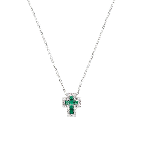 Double mini Cross Necklace with Green and White Zirconia